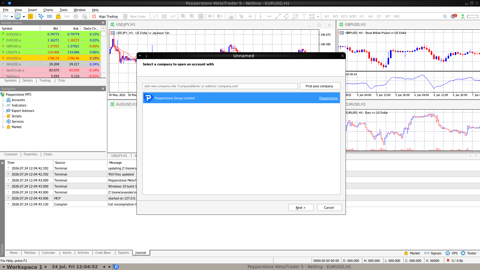 Pepperstone MetaTrader 5 running live on an Evander Terminal Order box
